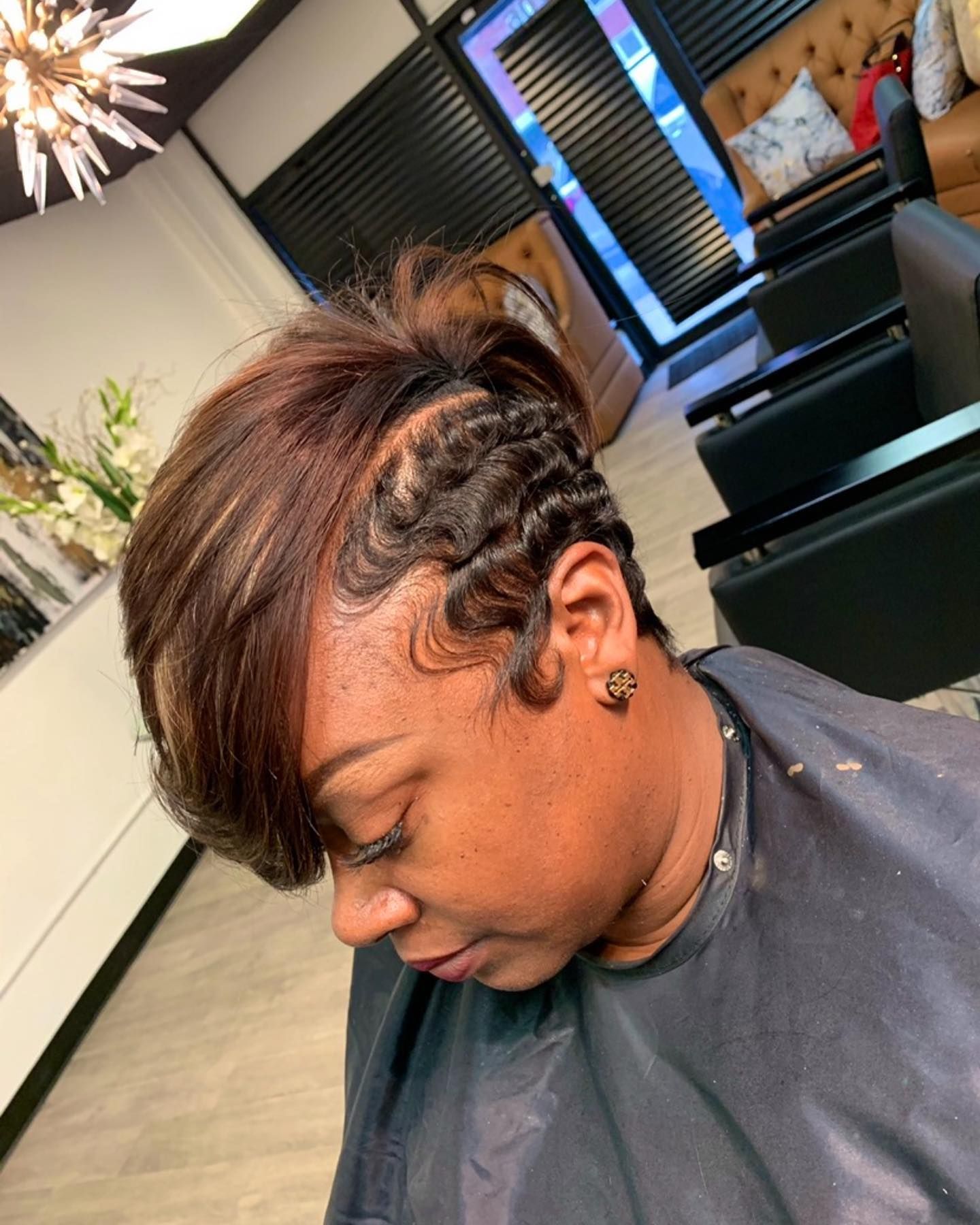 Finger waves pixie cut with auburn highlights Frisco