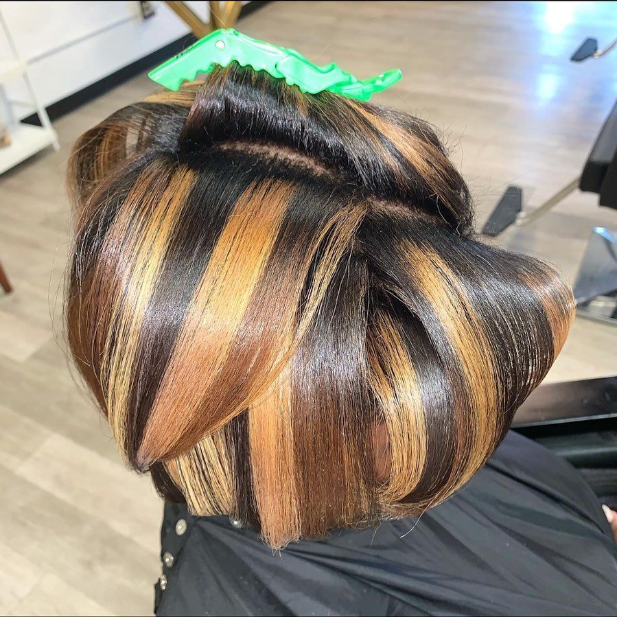 Bob with honey caramel highlights and dimensional color Frisco